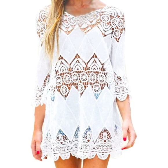 Crochet 3/4 Sleeve Tunic SzM beach pool restore spa bikini cover 100 % Cotton - Picture 2 of 8